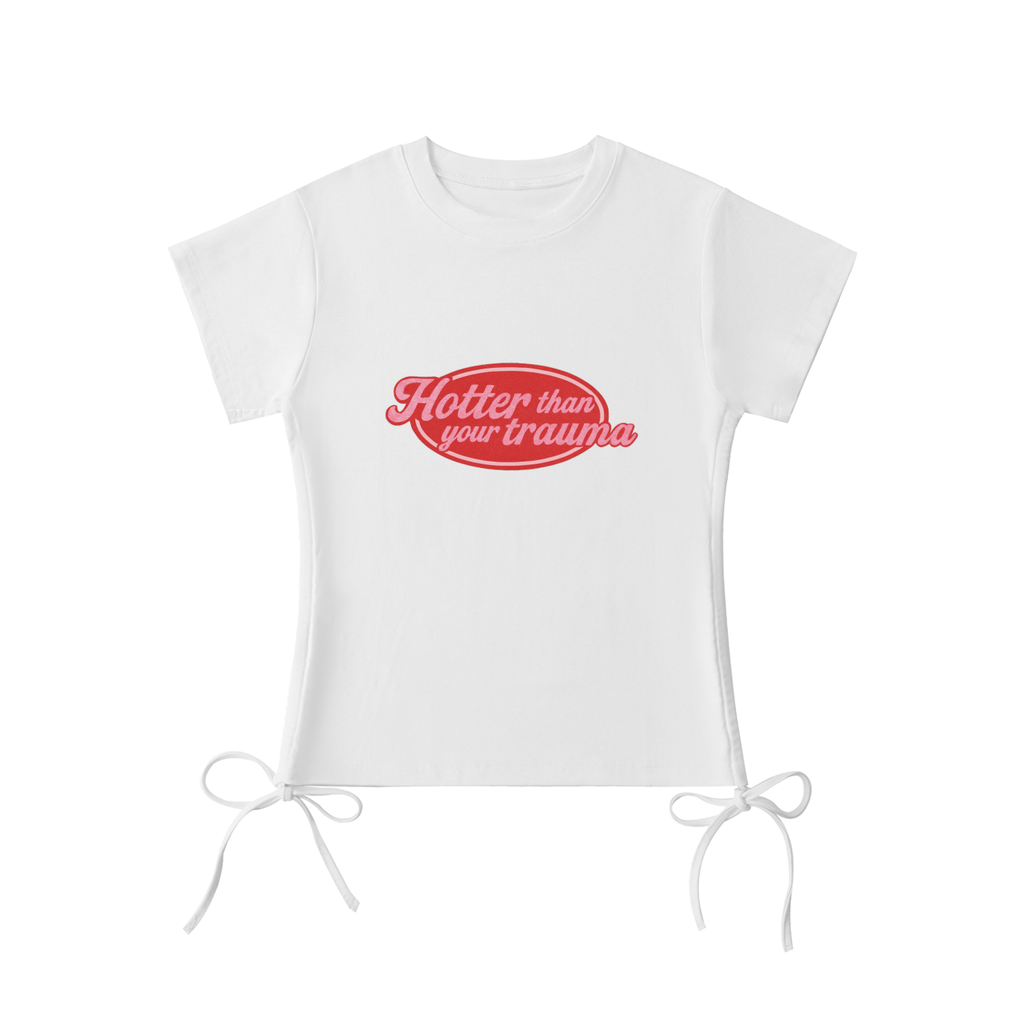 Hotter than your trauma stringed top, white bodycon crop top